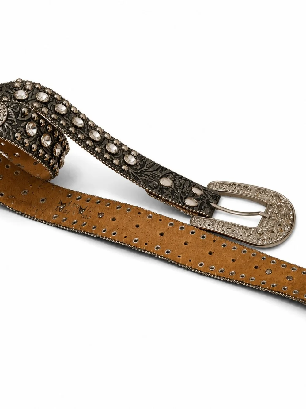 Embellished Floral Leather Belt With Silver Buckle